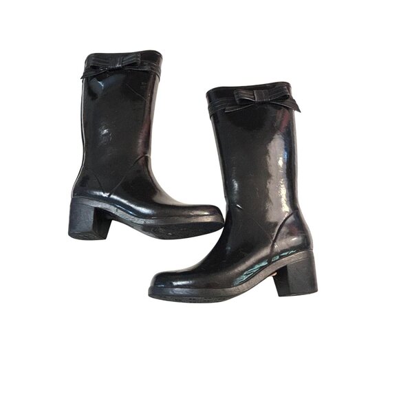 KATE SPADE Rain Glossy Black Rubber Boots Pull On Knee High Size 10 - Picture 2 of 5